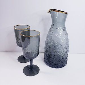 Mid Century Style Decanter 2 Glasses - Smoke Gray Black Gold Trim Pressed carafe